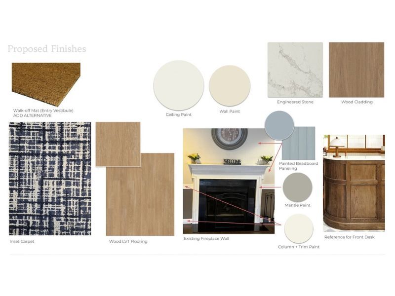 Lobby finish concept with soft coastal colors, patterned textiles, warm wood and residential fireplace details. Lobby finish concept with soft coastal colors, patterned textiles, warm wood and residential fireplace details.