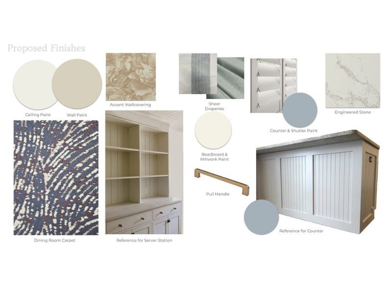 Dining room finishes with warm creams, soft blue millwork, tailored wallcovering and natural wood accents.