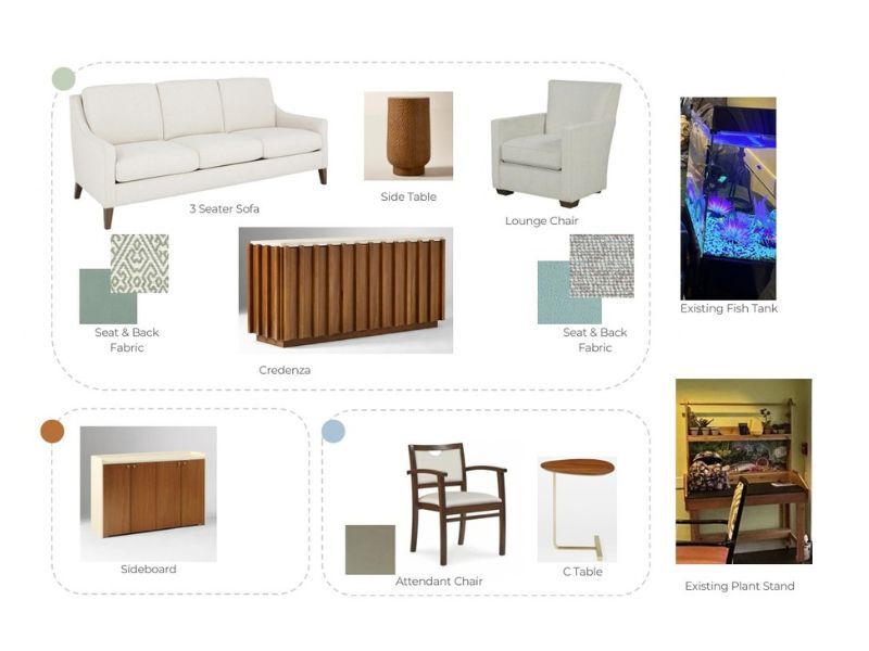 Memory Care lounge concept with comfortable seating, familiar residential details and space for connection. Memory Care lounge concept with comfortable seating, familiar residential details and space for connection.