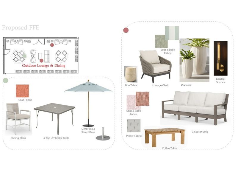 Outdoor patio inspiration with a white pergola, greenery and comfortable spaces for dining and conversation. Outdoor patio inspiration with a white pergola, greenery and comfortable spaces for dining and conversation.