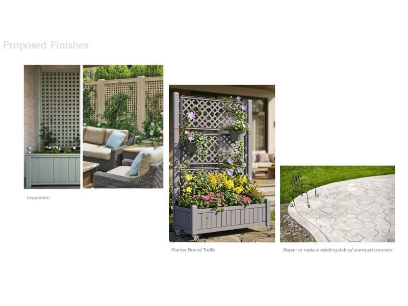 Outdoor lounge and dining concept with shaded seating, planters and flexible gathering areas. Outdoor lounge and dining concept with shaded seating, planters and flexible gathering areas.