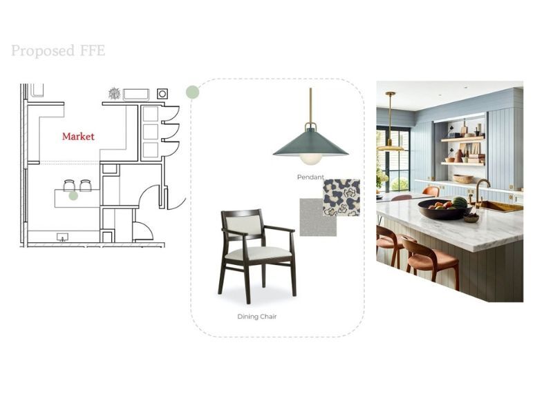 The Market design concept with pendant lighting, open shelving, counter seating and warm residential finishes. The Market design concept with pendant lighting, open shelving, counter seating and warm residential finishes.