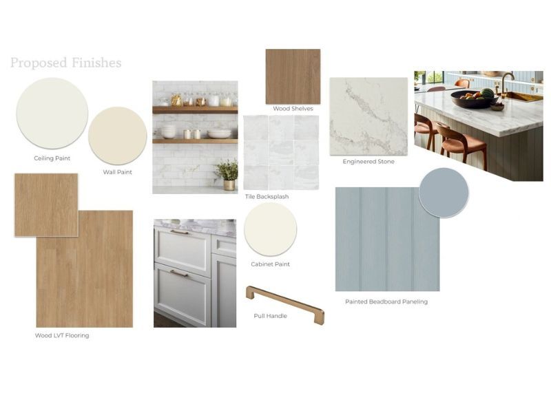 The Market finish palette featuring soft blue cabinetry, wood shelving, beadboard details and durable flooring. The Market finish palette featuring soft blue cabinetry, wood shelving, beadboard details and durable flooring.