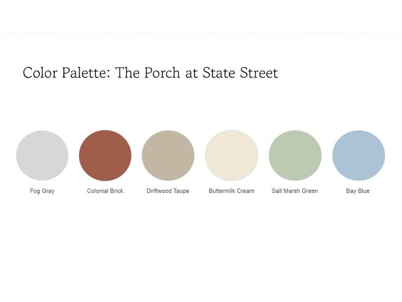 A designer color palette featuring fog gray, colonial brick, driftwood taupe, buttermilk cream, salt marsh green and bay blue. A designer color palette featuring fog gray, colonial brick, driftwood taupe, buttermilk cream, salt marsh green and bay blue.
