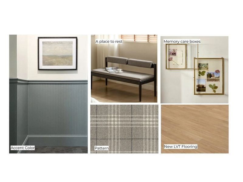 Resident corridor inspiration featuring warm wood-look flooring, painted wall paneling, improved lighting and locally inspired artwork. Resident corridor inspiration featuring warm wood-look flooring, painted wall paneling, improved lighting and locally inspired artwork.